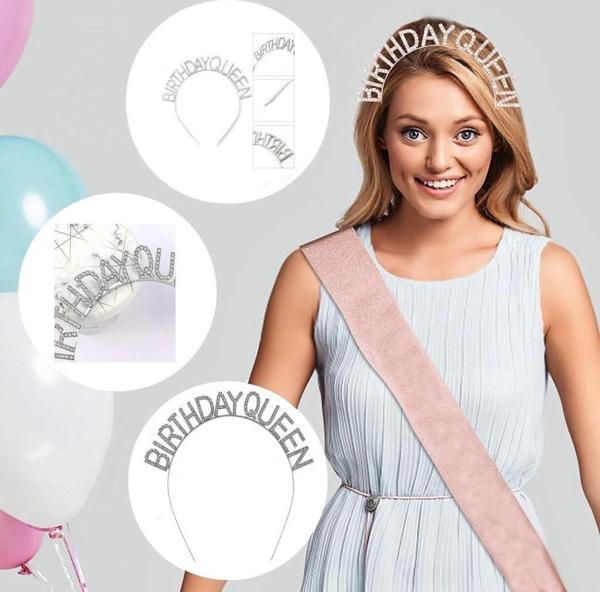 Gümüş Renk Kristal Taşlı Parlak Birthday Queen Yazılı Kraliçe Taç 16X17 Cm - Image 1