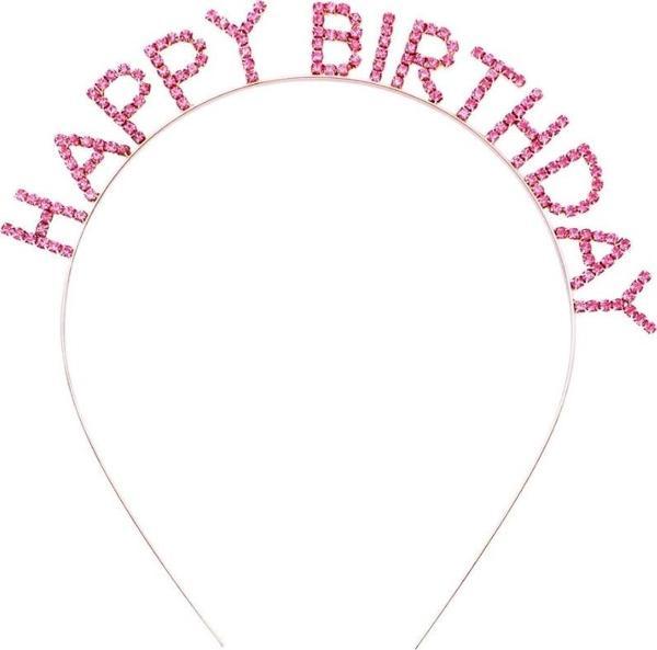 Pembe Renk Kristal Taşlı Gold Renk Kaplama Happy Birthday Taç 16X17 Cm - Image 1