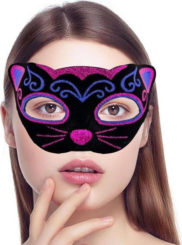 Siyah Kadife Kaplama Üzeri Pembe Mavi Sim İŞlemeli Kedi Maskesi 20X13 Cm - Image 1