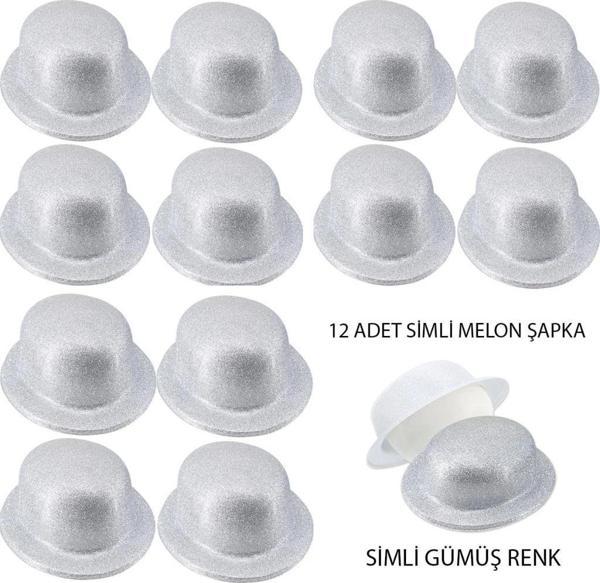 Gümüş Renk Simli Melon Yuvarlak Parti Şapkası 12 Adet - Image 1