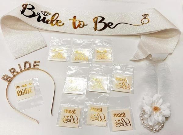 Altın Renk Bride Partisi Taç Kuşak Dövme Bileklik Seti Full 13 Parça - Image 1