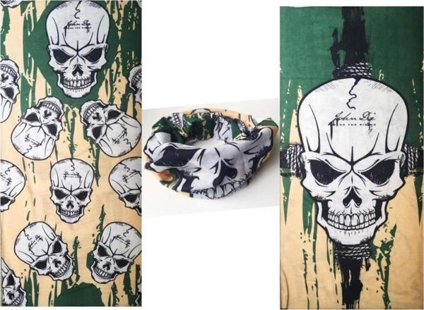 Haki Yeşil Renk Üzeri Likralı Kuru Kafa Kafatası Baskılı Baf Buff Bandana 25X48 Cm - Image 1