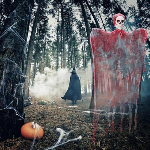 Led Işıklı Kahkaha Atan Sesli Sensörlü Ürpertici Kuru Kafa Kanlı Korku Hayalet Saçaklı De - Image 1