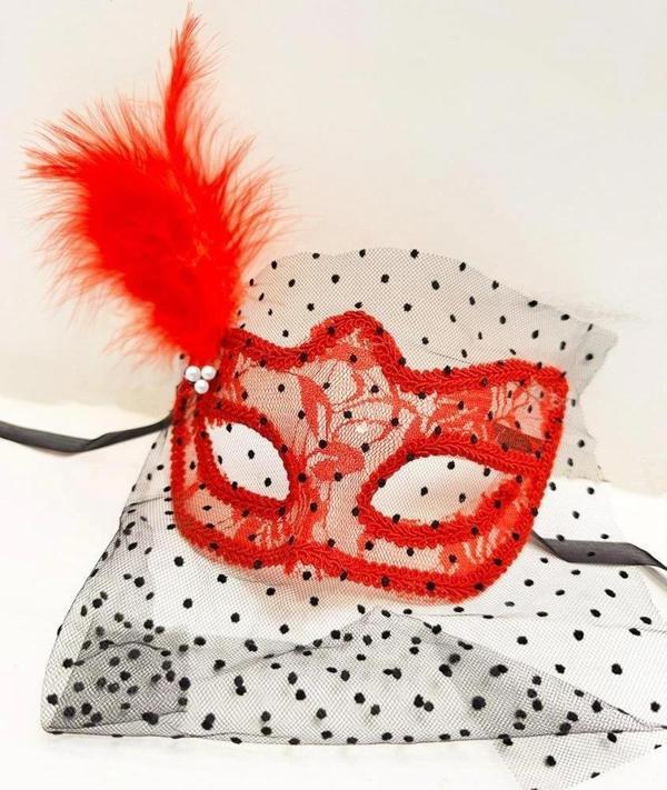 Kırmızı Renk Dantelli Duvaklı Parti Maskesi Balo - Image 1