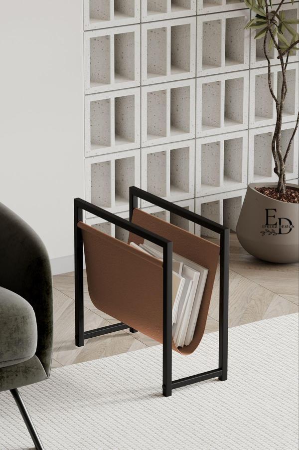 ED Efelez Design Coral Koltuk Yanı Dergilik - Gazetelik - Kitaplık- Siyah Metal - Taba Deri - Image 1