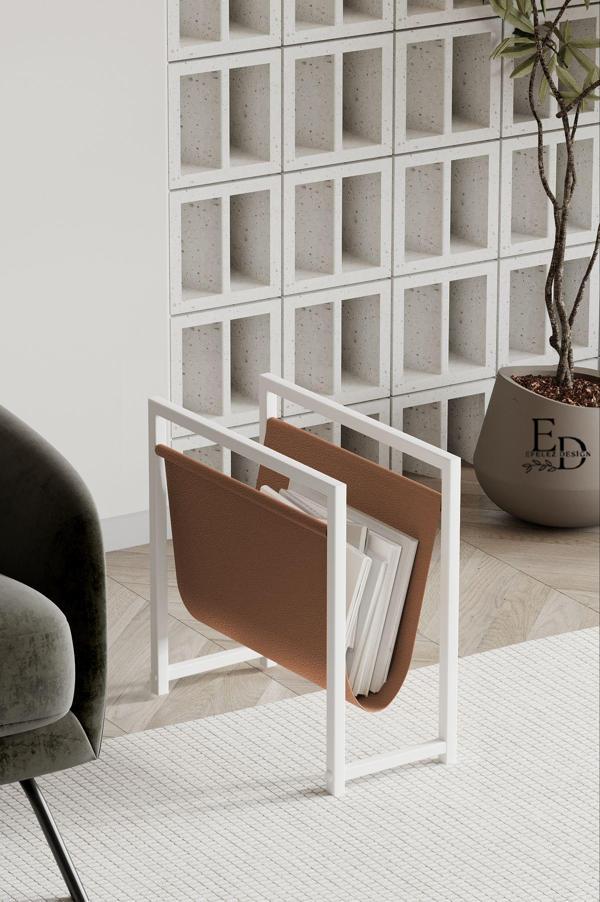 ED Efelez Design Coral Koltuk Yanı Dergilik - Gazetelik - Kitaplık- Beyaz Metal - Taba Deri - Image 1