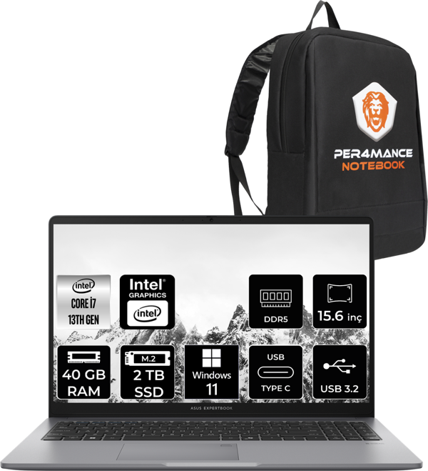 Asus ExpertBook P1 Intel Core i7 13620H 40GB 2TB SSD 15.6" FHD W11P Taşınabilir Bilgisayar & PER4 Çanta - Image 1