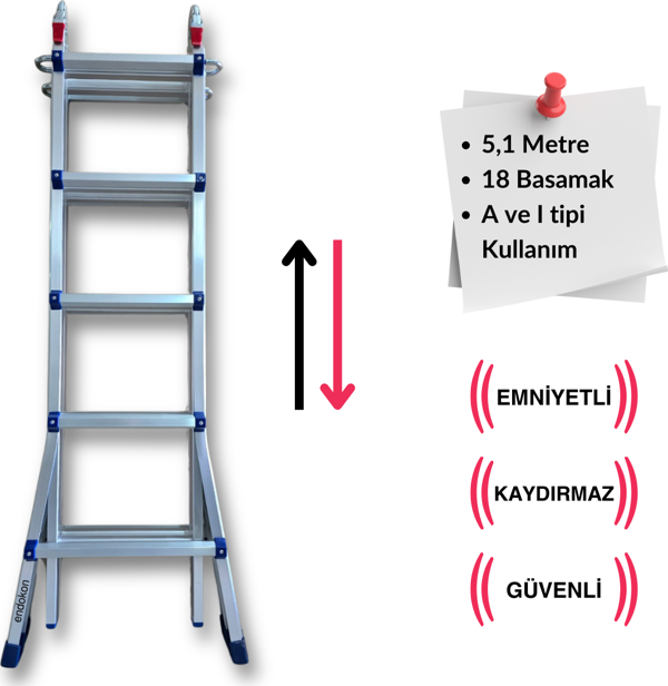 Endokon 510 cm. 18 Basamak A ve I Tipi Katlanıp Uzayabilen Mini Dev Alüminyum Merdiven - Image 1