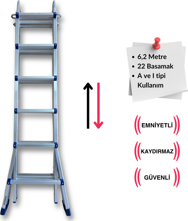 Endokon 622 cm. 22 Basamak A ve I Tipi Katlanıp Uzayabilen Mini Dev Alüminyum Merdiven - Image 1