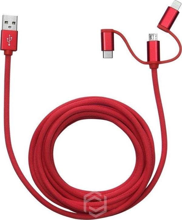 Frisby FA-7558UC 3mt Örgülü USB Data - Şarj Kablo 3in1 (iOS-Android-Type-C) Kırmızı - Image 1