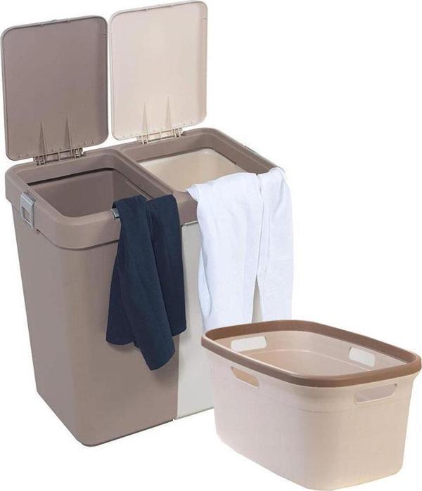 Motek 80 Litre Kirli Çamaşır Sepeti Çamaşır Selesi İkili Çeyiz Seti Kahve Krem - Image 1