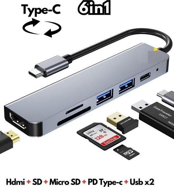 Type-c 6 Çıkışlı Çoğaltıcı Dönüştürücü 6in1 Hub Tablet Telefon Uyumlu Hdmi Sd Kart PD Usb Çoklayıcı - Image 1