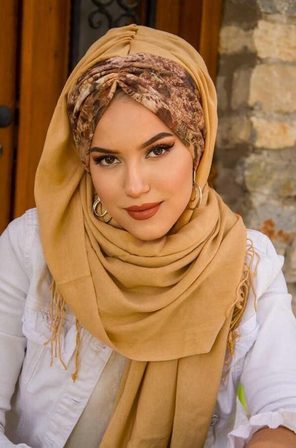 Başak Sarı Kahve Desen Büzgülü Hazır Şal - Image 1