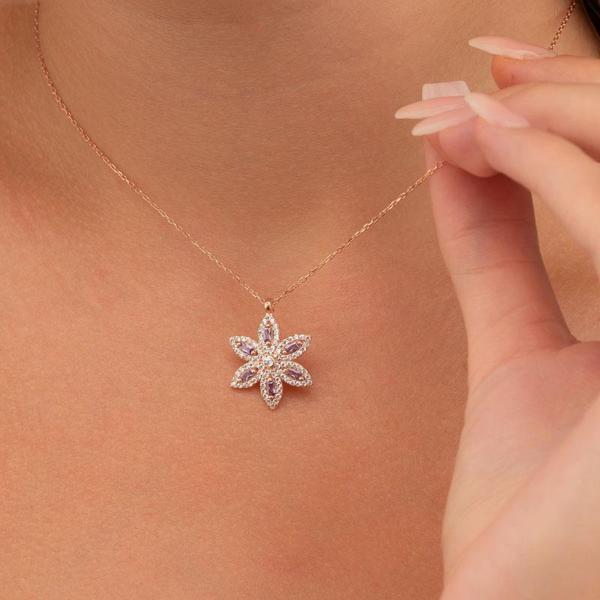 Gümüş Pazarım Ametist Taşlı Lotus Çiçeği Gümüş Kolye - Image 1