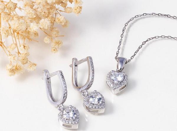 Gümüş Pazarım Rodyum Kaplama Kalp Gümüş Set - Image 1