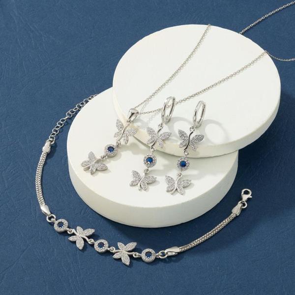 Gümüş Pazarım Safir Taşlı Kelebek Motifli Gümüş Set - Image 1