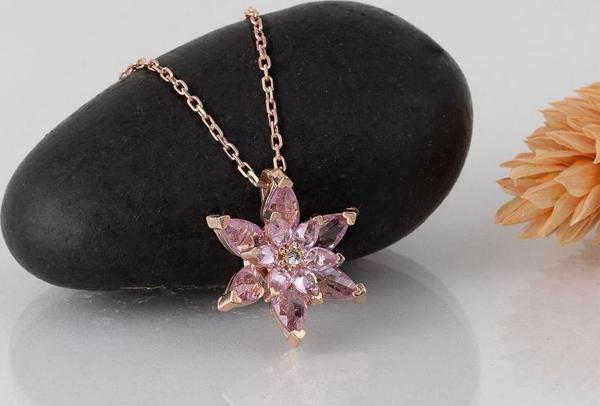 Gümüş Pazarım Pembe Renkli Lotus Çiçeği Gümüş Kolye - Image 1
