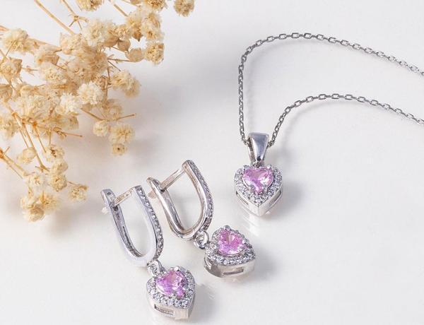 Gümüş Pazarım Pembe Taşlı Kalp Gümüş Set - Image 1
