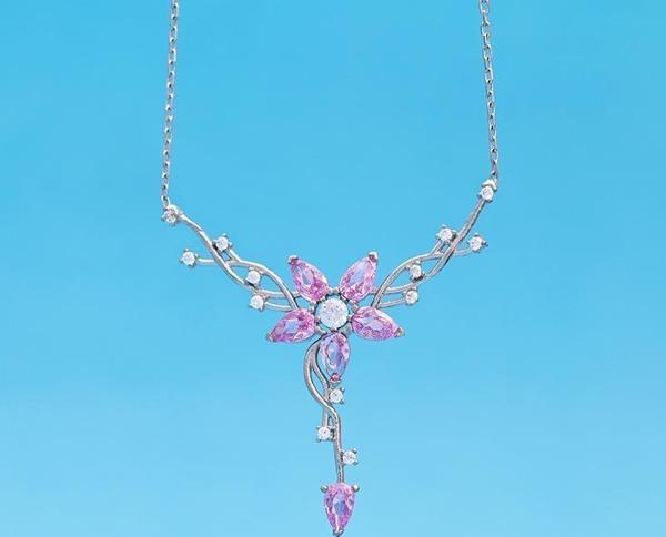 Gümüş Pazarım Pembe Taşlı Manolya Çiçeği Kadın Gümüş Kolye - Image 1