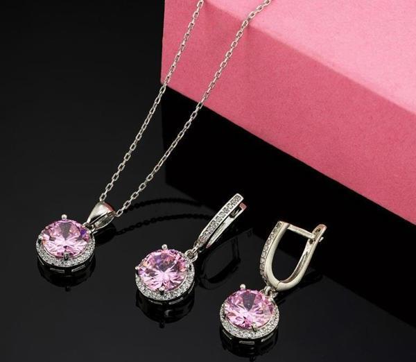 Gümüş Pazarım Pembe Zirkon Yuvarlak Kesim Gümüş Set - Image 1