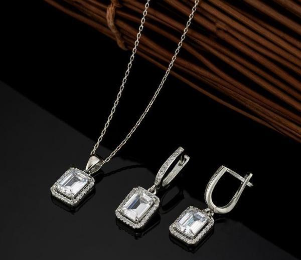 Gümüş Pazarım Dikdörtgen Taşlı Baget Taşlı Gümüş Set - Image 1