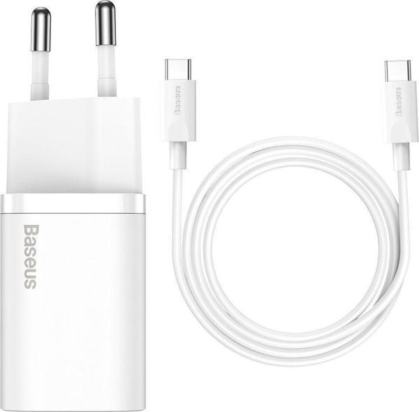 Baseus Super Si 1C 25W Hızlı Şarj Adaptörü 3A Type-C To Type-C 1M Şarj Kablosu Beyaz - Image 1