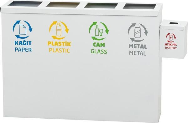 4'lü Metal Sıfır Atık Kutusu Geri Dönüşüm Çöp Kovası + Pil Kutusu - Image 1