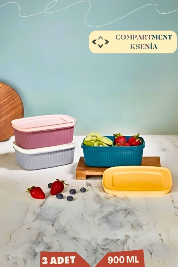 Liground Compartment Ksenıa 3'Lü 2 Bölmeli 900 Ml Kapaklı Saklama Kabı - Beslenme Kutusu 3 Adet Rengarenk - Image 1
