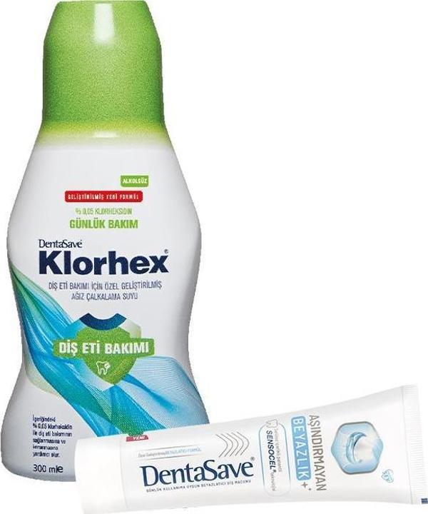 Dentasave Klorhex Günlük Bakım Ağız Çalkalama Suyu 300 ml ve Diş Macunu Aşındırmayan Beyazlık 75 ml - Image 1