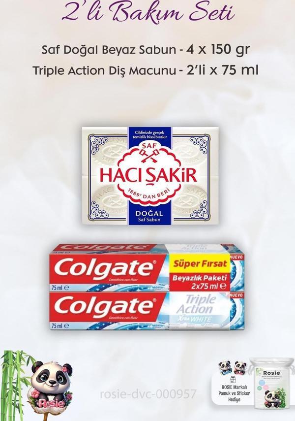 Colgate Triple Action Extra White Diş Macunu 2 x 75 ml,  H. Şakir Saf Doğal Sabun 4 x 150 gr ve ROSIE - Image 1