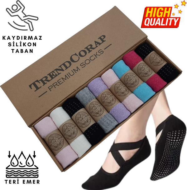 Premium Kadın Kaydırmaz Silikon Baskı Tabanlı Pilates Yoga Fitness Bale Dans Aktivite Çorabı 9'lu - Image 1