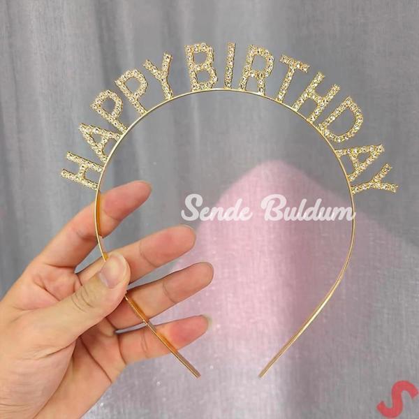 Altın Gold Renk Kristal Taşlı Parlak Happy Birthday Taç 16x17 Cm - Image 1