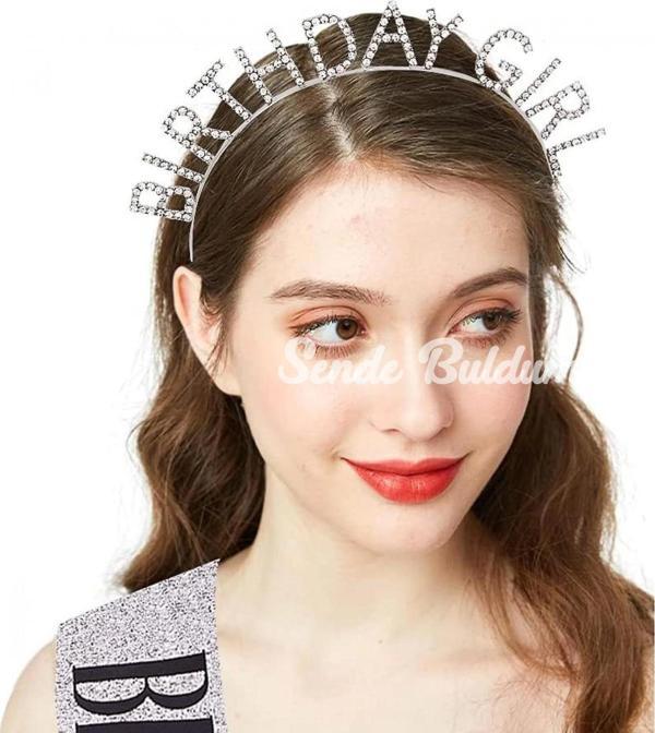 Gümüş Kristal Taşlı Birthday Girl Doğum Günü Tacı İthal Ürün A Kalite 17x16 Cm - Image 1