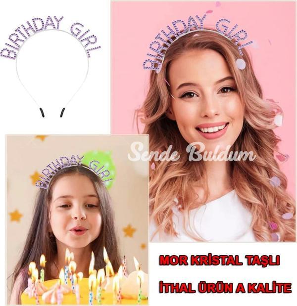 Mor Renk Kristal Taşlı Parlak Birthday Girl Yazılı Taç 16x17 Cm - Image 1