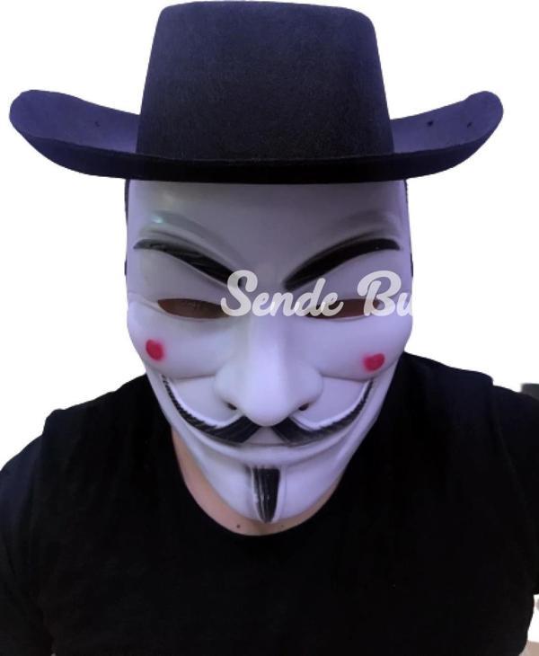 Siyah Renkli Delikli Çocuk Boy Vendetta Şapkası Ve Vendetta Maskesi - Image 1