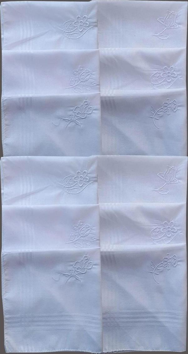 Beyaz Çiçek İşlemeli Bayan Mendili 12 Adet 28x28 cm 100 Pamuk Beyaz - Image 1