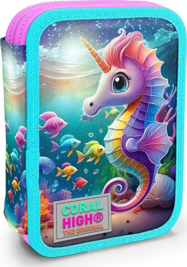 Coral High Kids Mavi Su Yeşili Denizatı Desenli Çift Katlı Kalem Çanta 11144 - Image 1