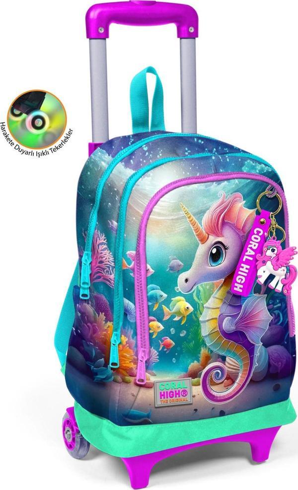 Coral High Kids Mavi Su Yeşili Denizatı Desenli Üç Bölmeli Çekçekli Okul Sırt Çantası 23972 - Image 1