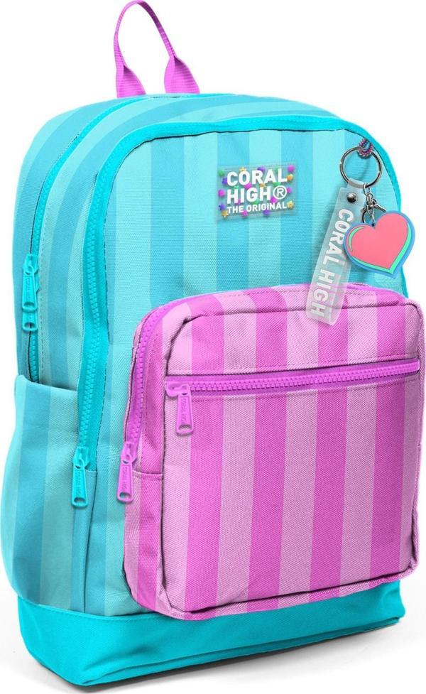 Coral High Kids Turkuaz Pembe Çizgili Dört Bölmeli Okul Sırt Çantası 23771 - Image 1