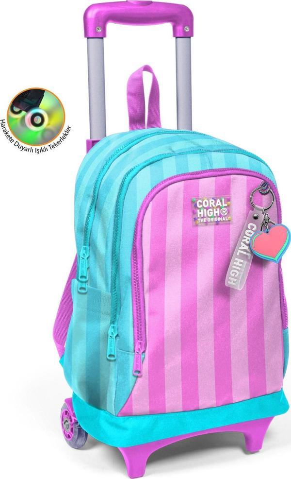 Coral High Kids Turkuaz Pembe Çizgili Üç Bölmeli Çekçekli Okul Sırt Çantası 23971 - Image 1