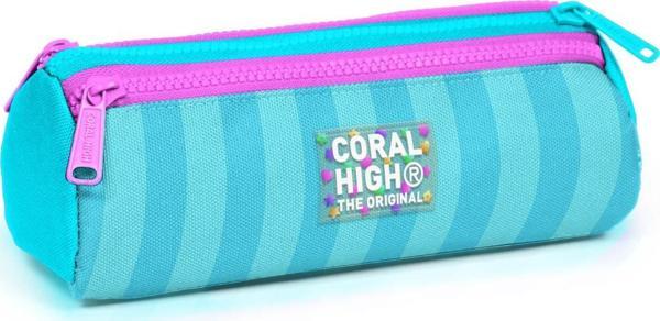 Coral High Kids Turkuaz Pembe Çizgili Üç Bölmeli Kalem Çantası 22087 - Image 1