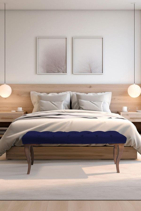 Gazzini Furniture Classic Lükens Gürgen Ayak Chester Model Kapitoneli Mavi Bench - Image 1