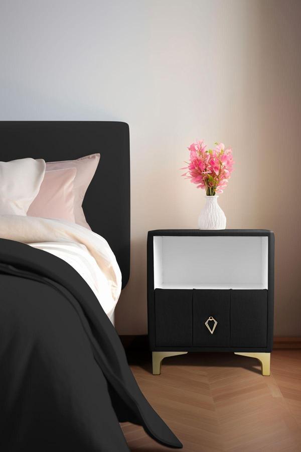 Gazzini Furniture Singular Gold iki Çekmeceli Antrasit Komodin Raflı Kumaş Kapaklı Yatak Odası Komodin - Image 1