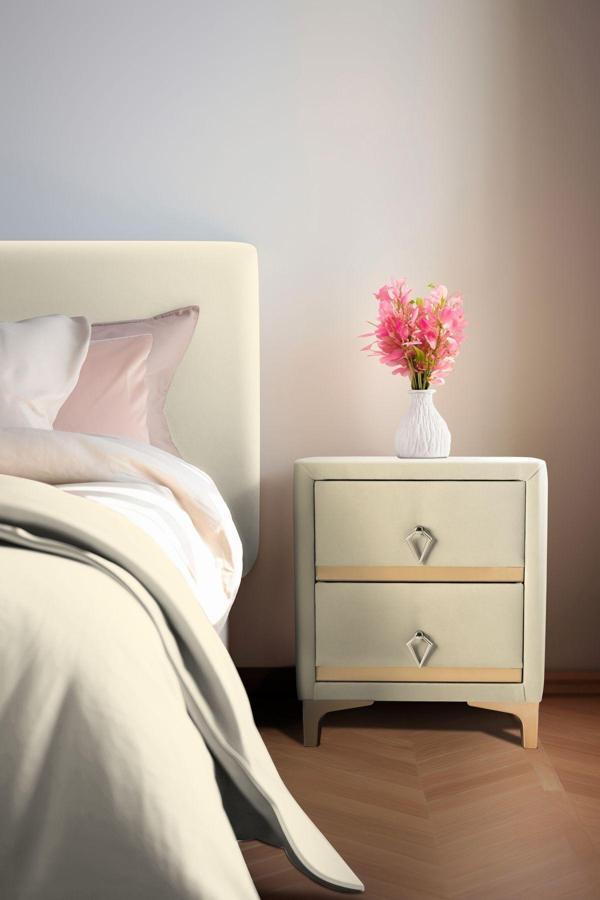 Gazzini Furniture Doppia Linea Gold İki Çekmeceli Beyaz Komodin Kumaş Kapaklı Yatak Odası 2 Çekmeceli Komodin - Image 1
