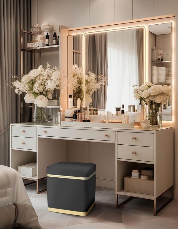 Gazzini Furniture Zengo Gold Twin Line Kare Puf Antrasit Kumaş Dekoratif Makyaj Masası Pufu - Image 1