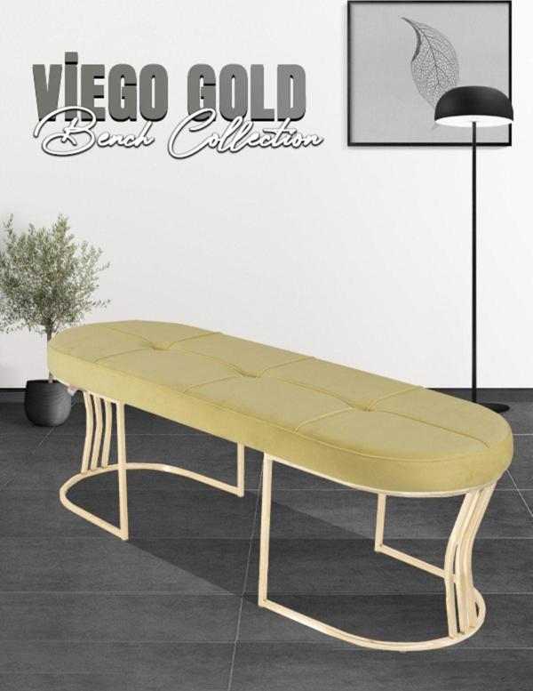 Gazzini Furniture Viego Gold Exclusive Bench Lüks Metal Gold Ayak, Chester Model Yatak Ucu Hardal Puf - Image 1