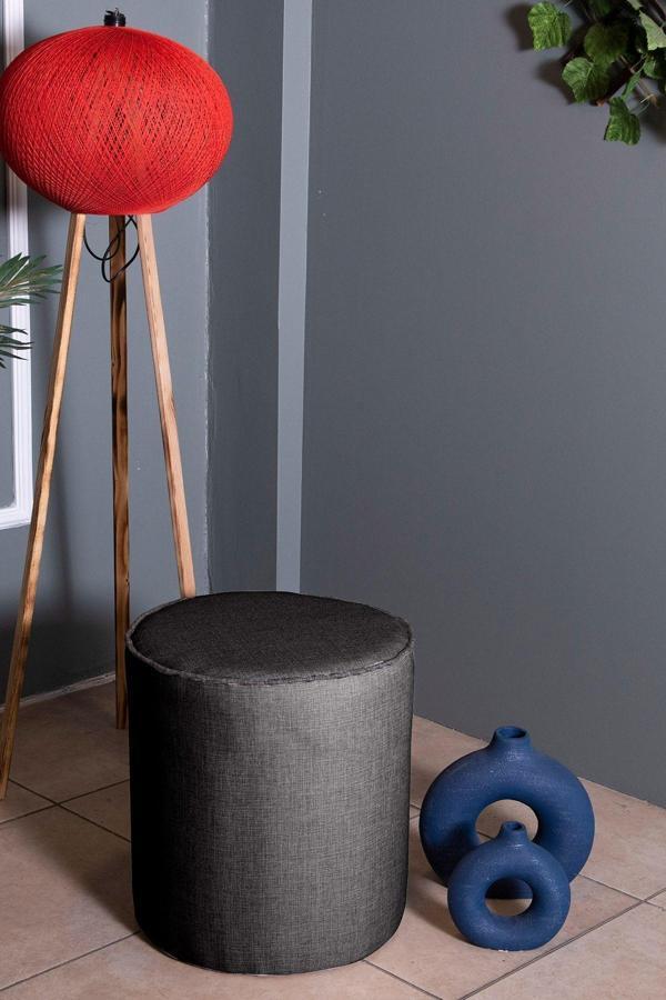 Gazzini Furniture Valeria Puf - Antrasit Keten Kumaş Silindir Dekoratif Puf - Image 1