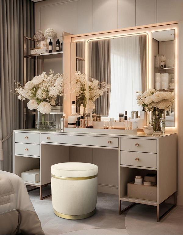 Gazzini Furniture Zerafet Gold Kaplama Luxery Puf Beyaz Babyface Kumaş Makyaj Koltuğu - Image 1