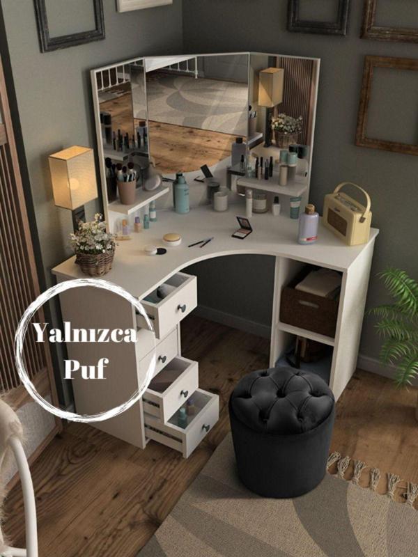 Gazzini Furniture Puffy Puf Siyah Chester Model Yuvarlak Puf - Makyaj Masası Pufu 40x40 cm - Image 1