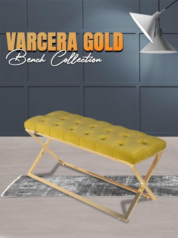 Gazzini Furniture Varcera Gold Bench Çapraz Metal Ayaklı Kapitoneli Model Hardal Puf - Image 1